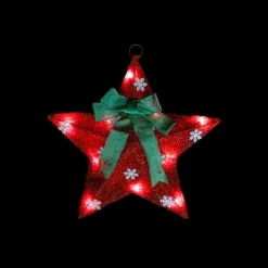17" Pre-Lit Green And Red Hanging Christmas Star Window Decor With Bow