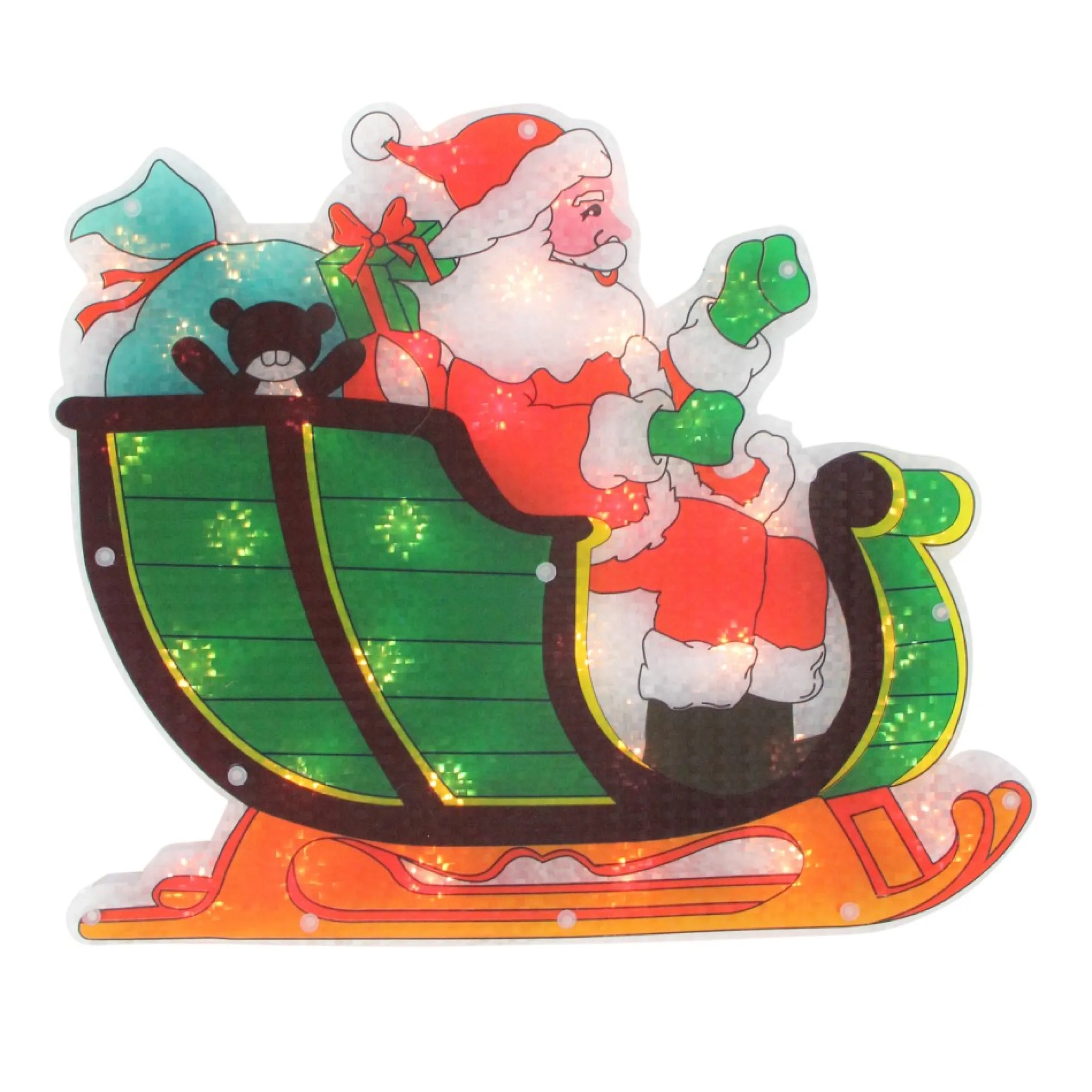 17" Pre-Lit Green And Red Holographic Santa In Sleigh Christmas Window Silhouette Decoration