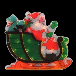 17" Pre-Lit Green And Red Holographic Santa In Sleigh Christmas Window Silhouette Decoration