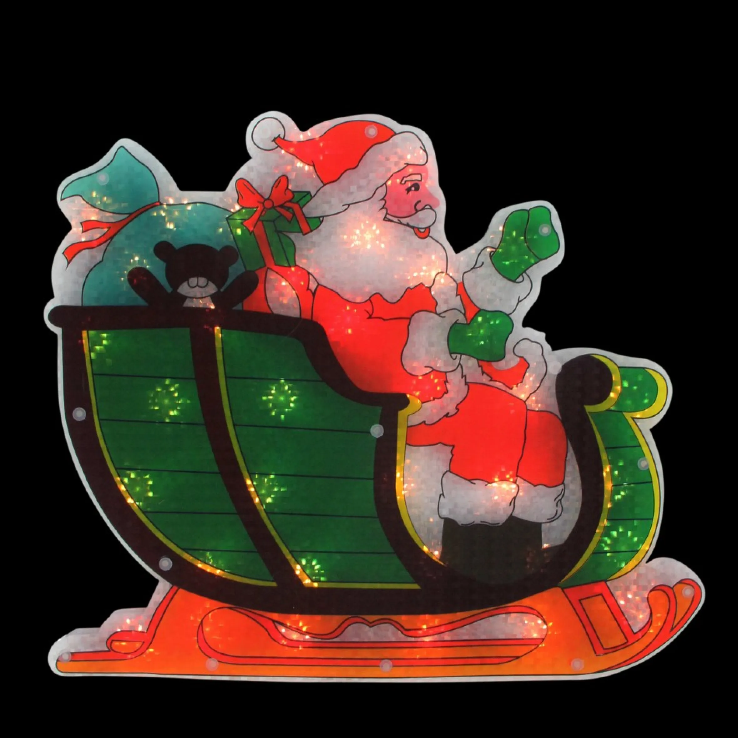 17" Pre-Lit Green And Red Holographic Santa In Sleigh Christmas Window Silhouette Decoration