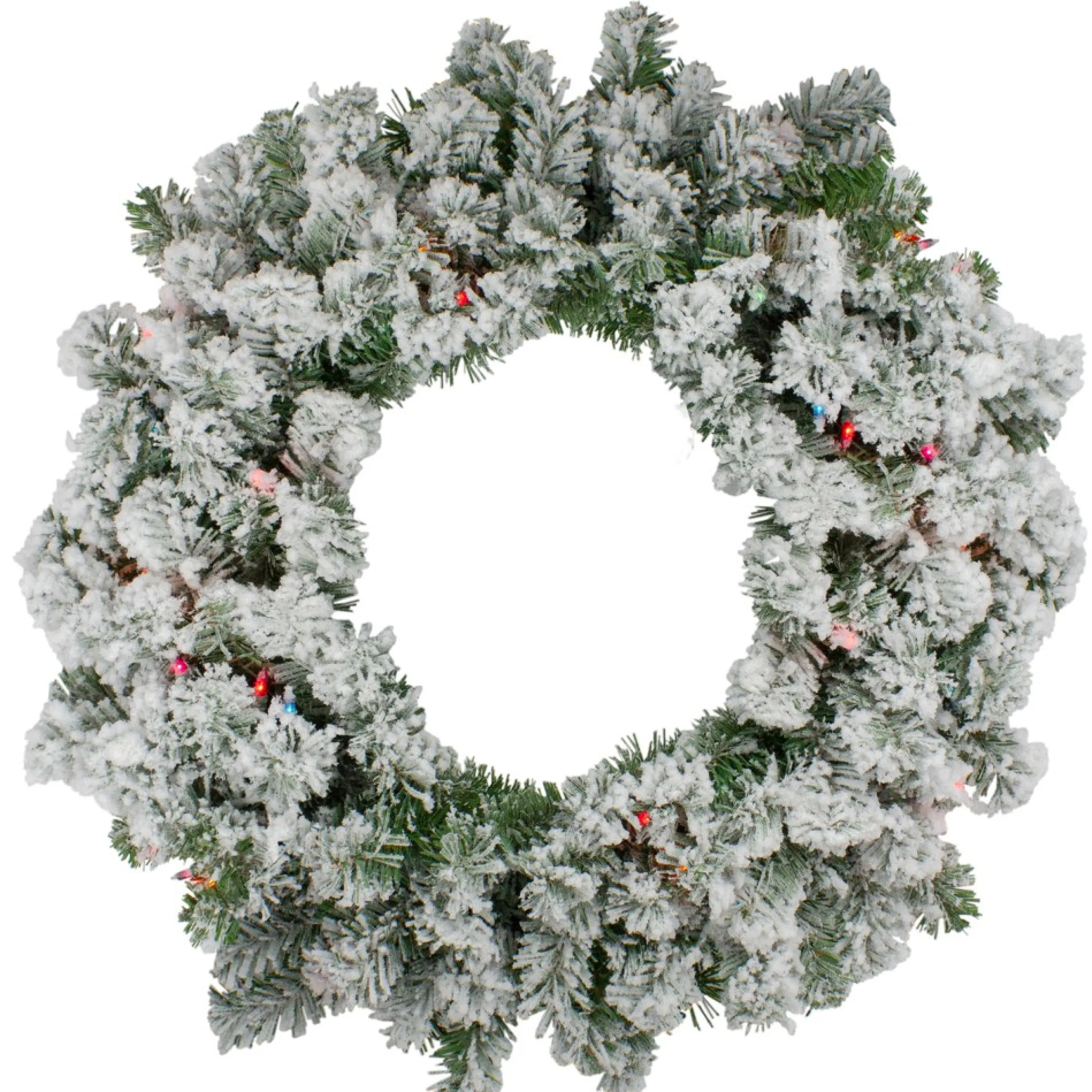 Pre-Lit Heavily Flocked Pine Artificial Christmas Wreath - 24-Inch, Multi-Color Lights