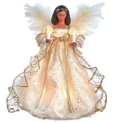 12" Pre-Lit Ivory And Gold African American Angel Christmas Tree Topper