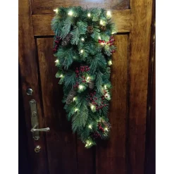 32" Pre-Lit Pine Artificial Christmas Teardrop Swag, Warm White And Multi Led Lights