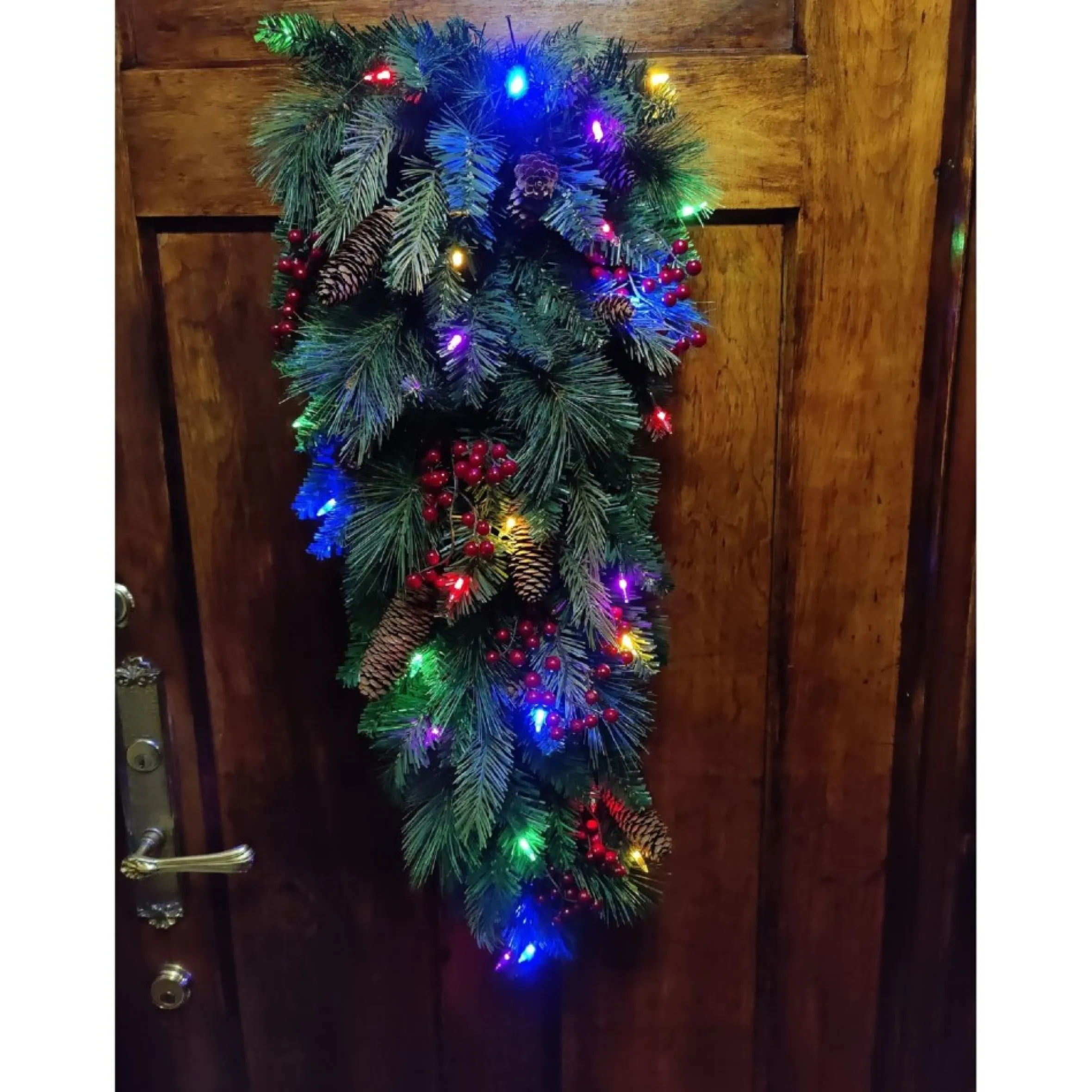 32" Pre-Lit Pine Artificial Christmas Teardrop Swag, Warm White And Multi Led Lights