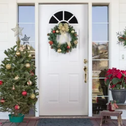 Pre-Lit Pine Cone And Gifts Artificial Christmas Wreath, 24-Inch, Warm Clear Led Lights