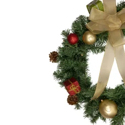 Pre-Lit Pine Cone And Gifts Artificial Christmas Wreath, 24-Inch, Warm Clear Led Lights