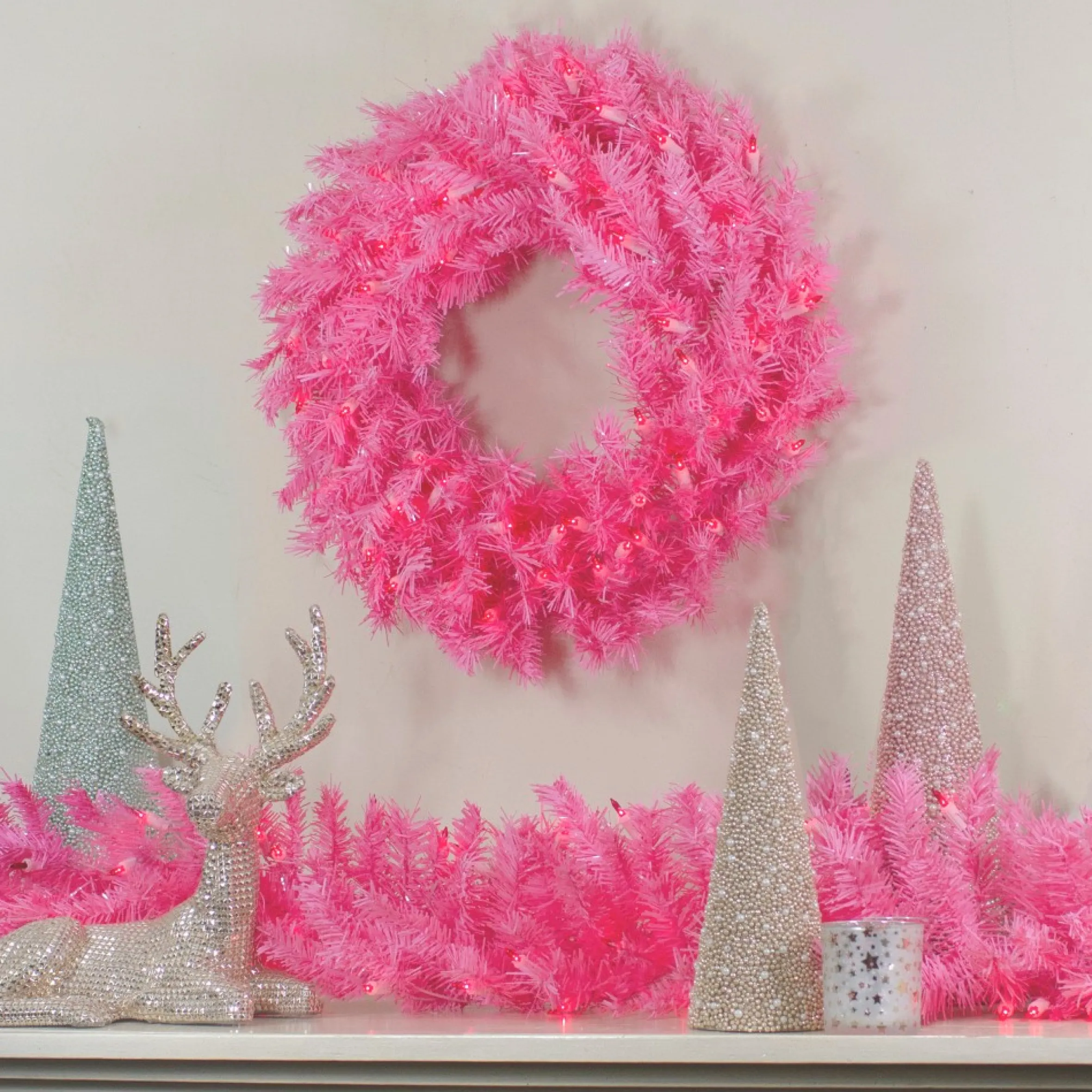 24" Pre-Lit Pink Spruce Artificial Christmas Wreath, Pink Lights