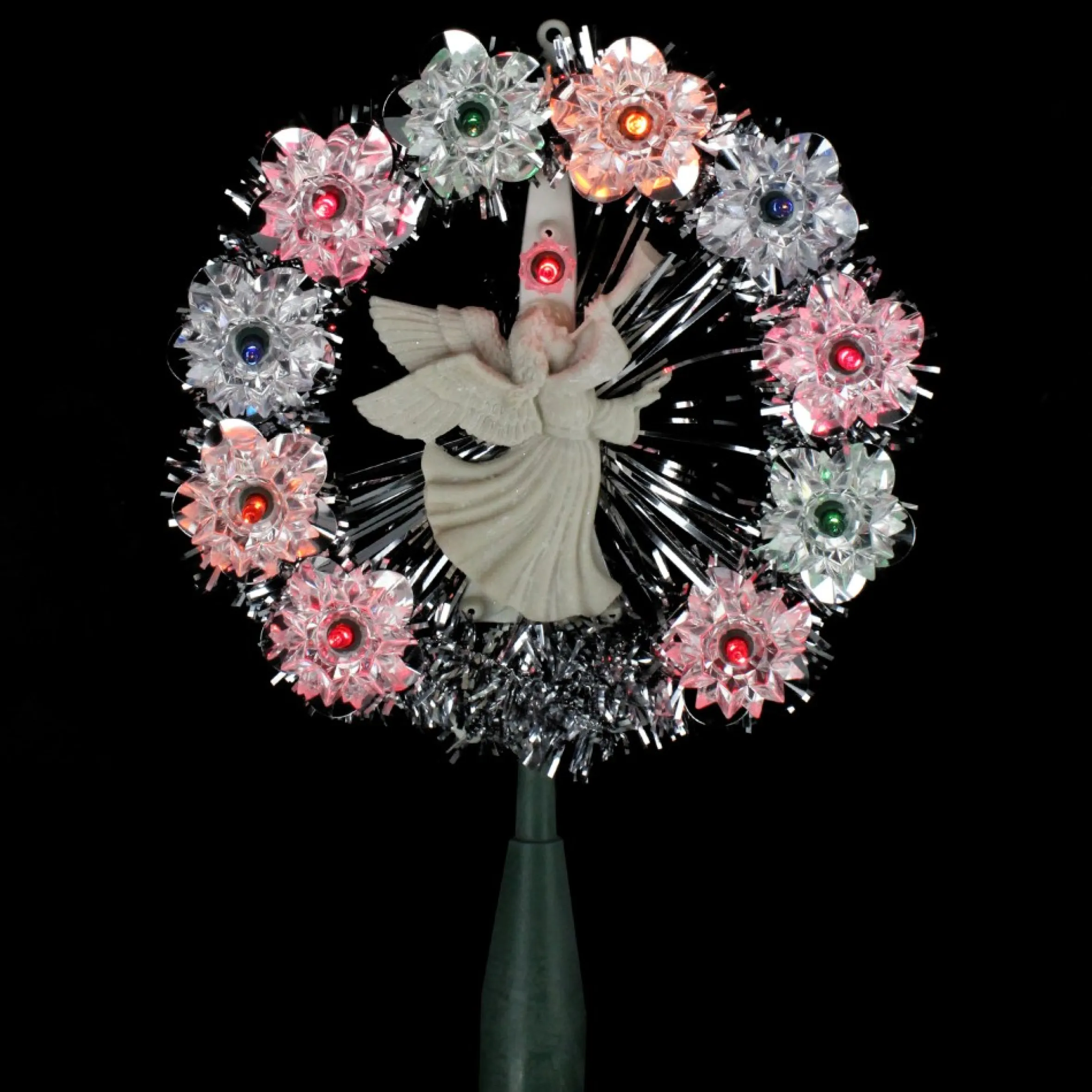 7.5" Pre-Lit Silver Tinsel Wreath With Angel Christmas Tree Topper - Multi Lights