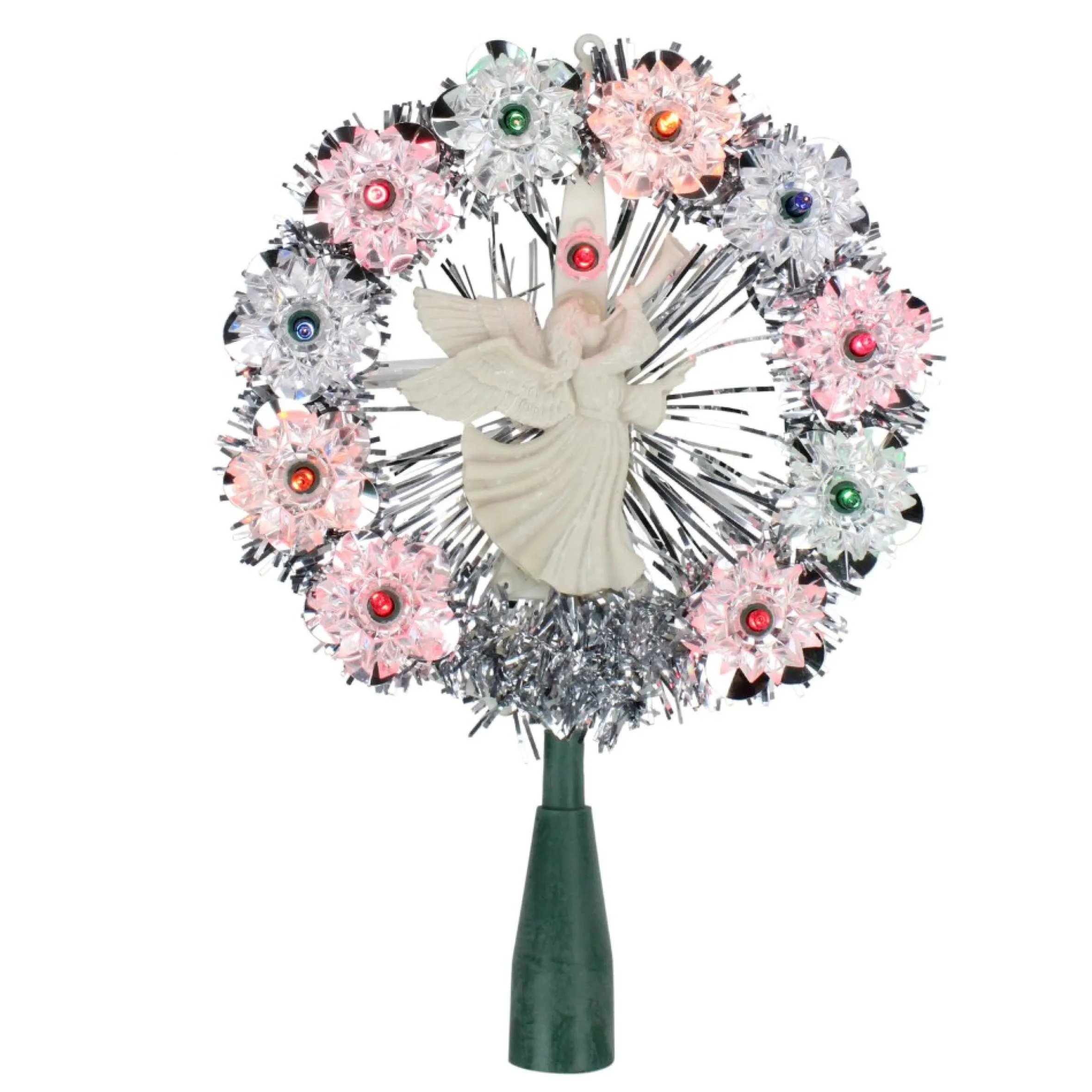 7.5" Pre-Lit Silver Tinsel Wreath With Angel Christmas Tree Topper - Multi Lights