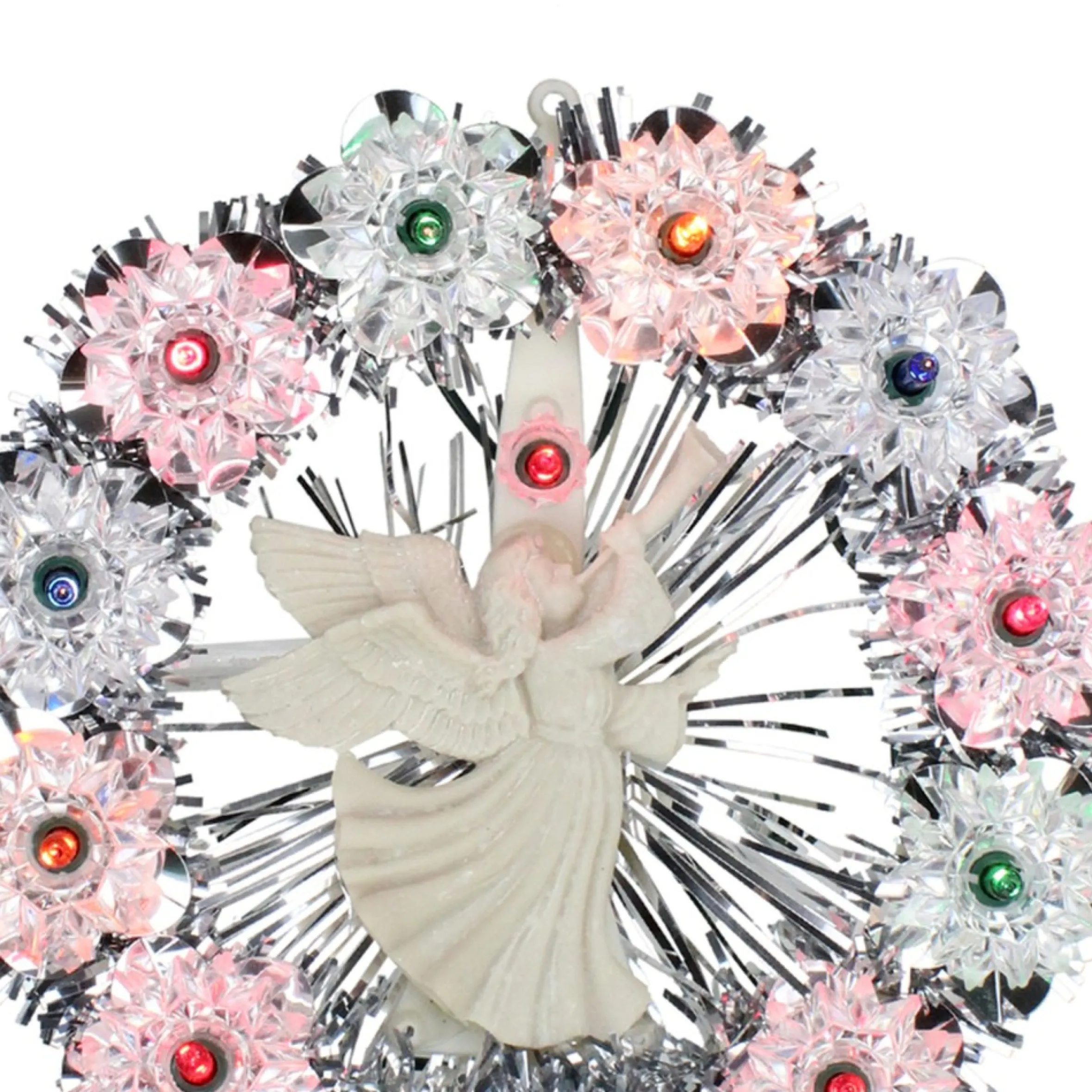 7.5" Pre-Lit Silver Tinsel Wreath With Angel Christmas Tree Topper - Multi Lights