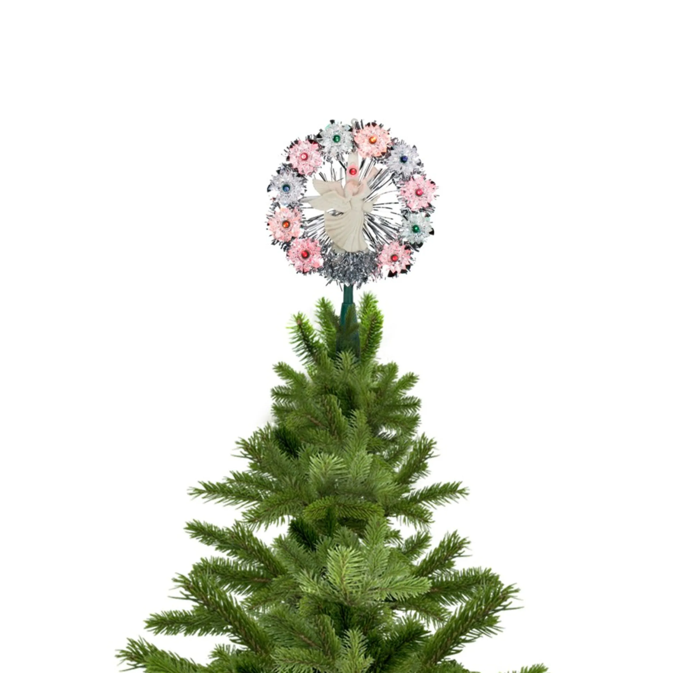 7.5" Pre-Lit Silver Tinsel Wreath With Angel Christmas Tree Topper - Multi Lights