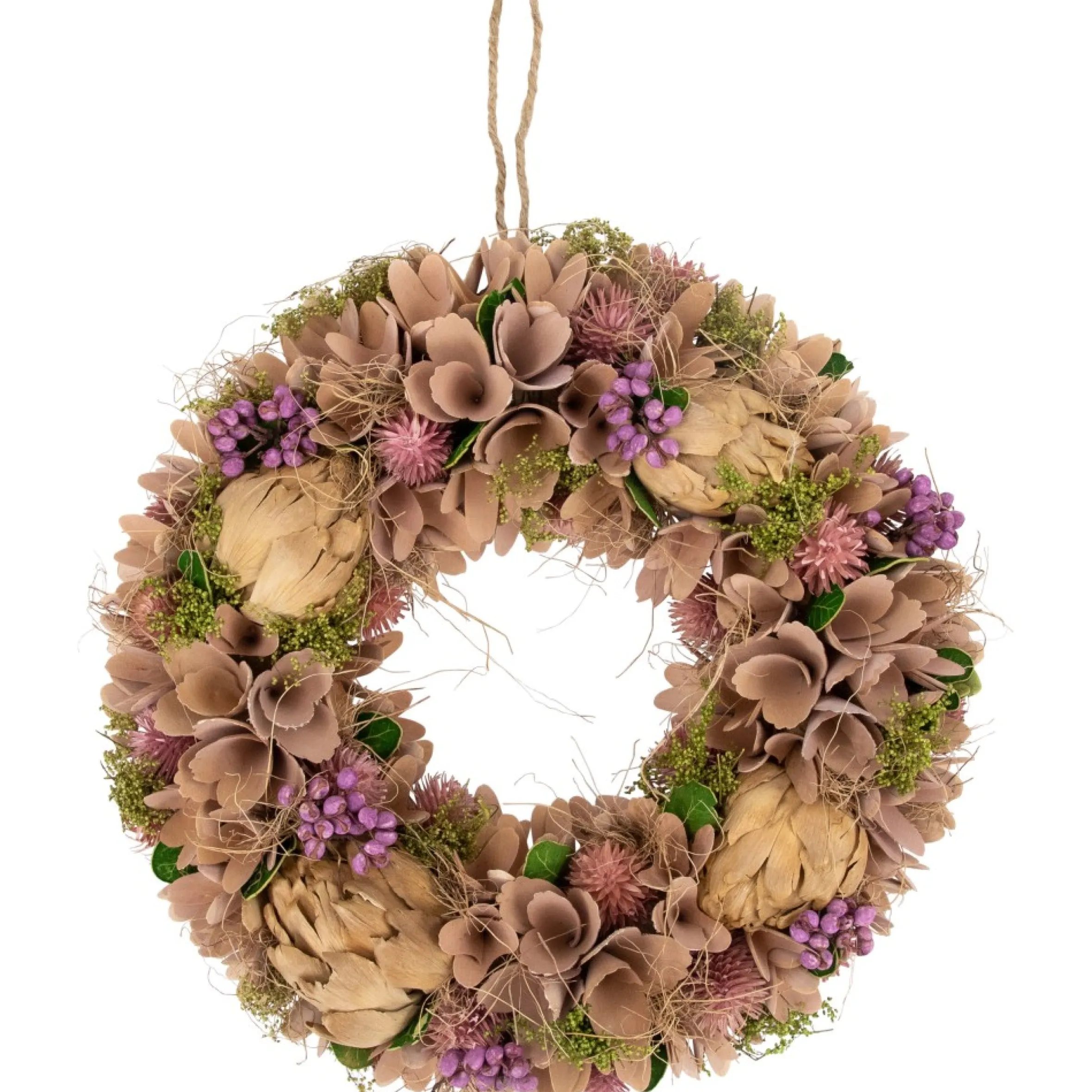 12" Purple And Beige Wooden Floral Spring Wreath With Preserved Artichoke