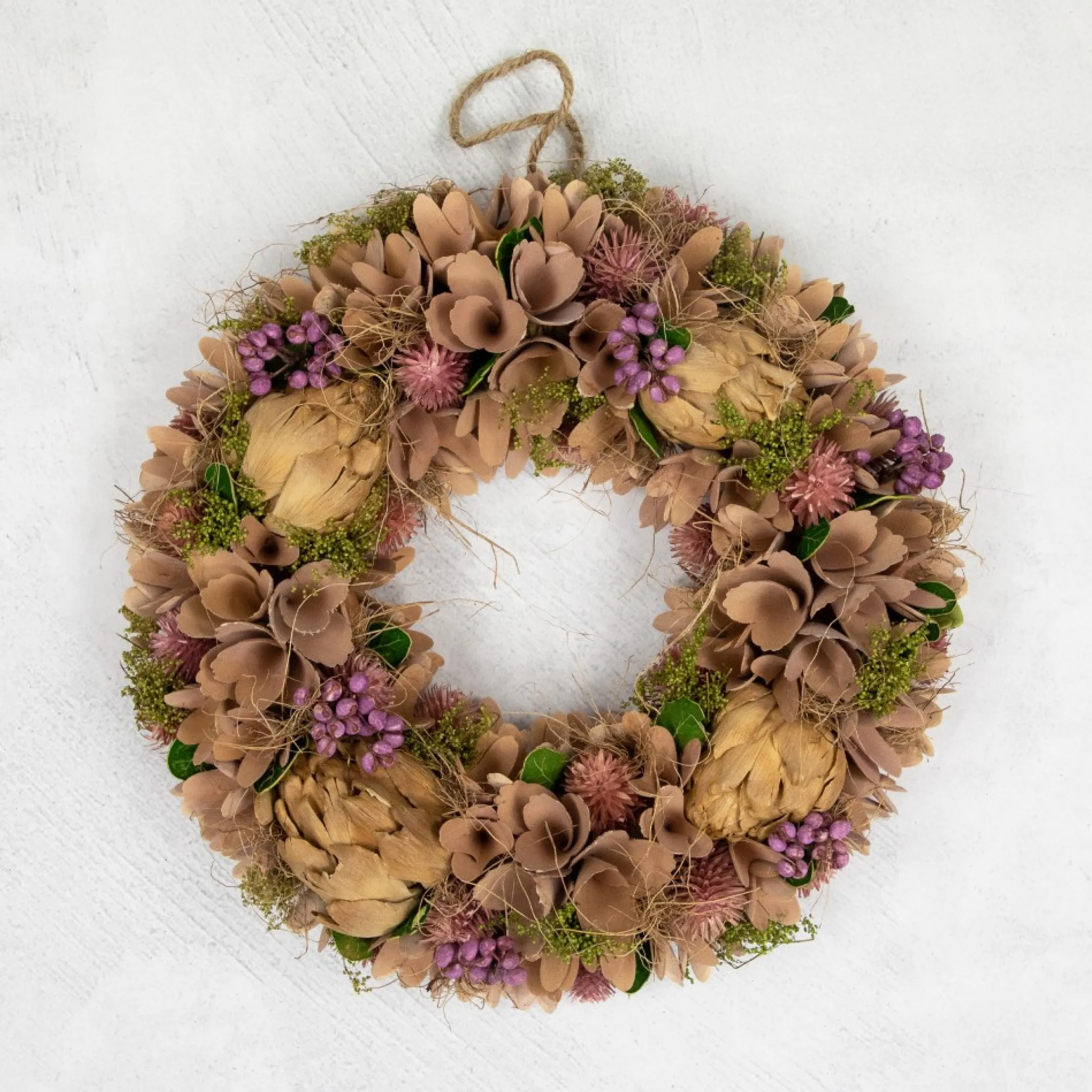 12" Purple And Beige Wooden Floral Spring Wreath With Preserved Artichoke