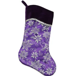 20" Purple And Silver Glittered Floral Christmas Stocking With Shadow Velveteen Cuff
