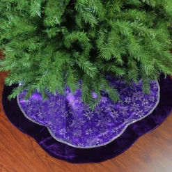 48" Purple And Silver Glittered Floral Christmas Tree Skirt