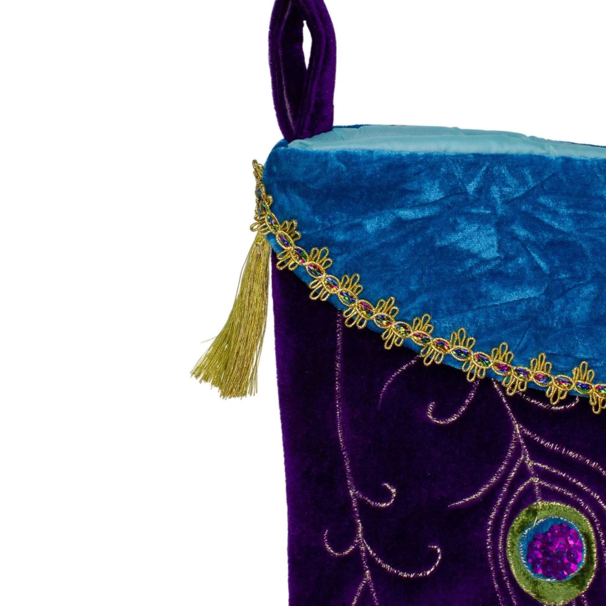 19" Purple Velvet Regal Peacock Embroidered Feather Christmas Stocking With Gold Tassel