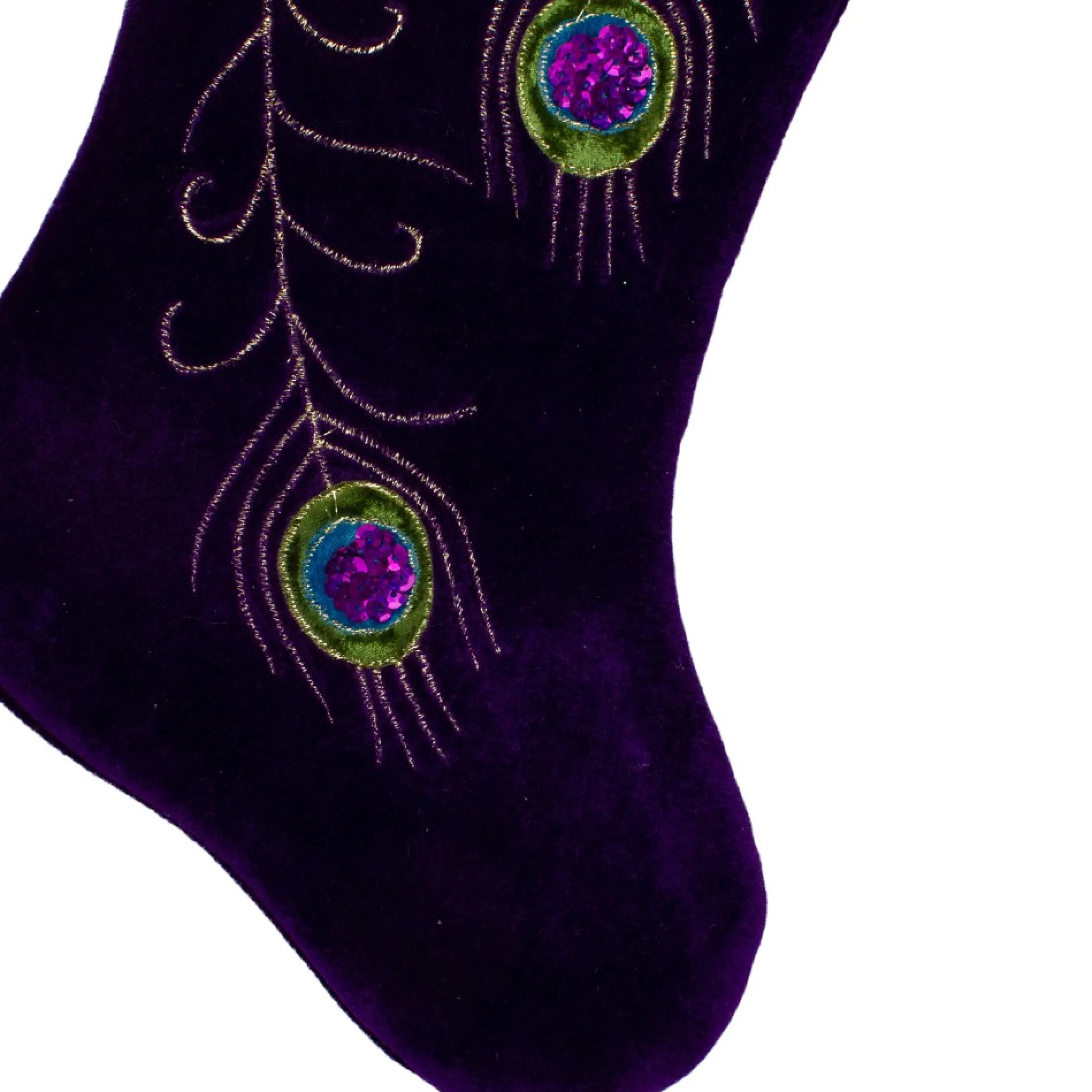19" Purple Velvet Regal Peacock Embroidered Feather Christmas Stocking With Gold Tassel