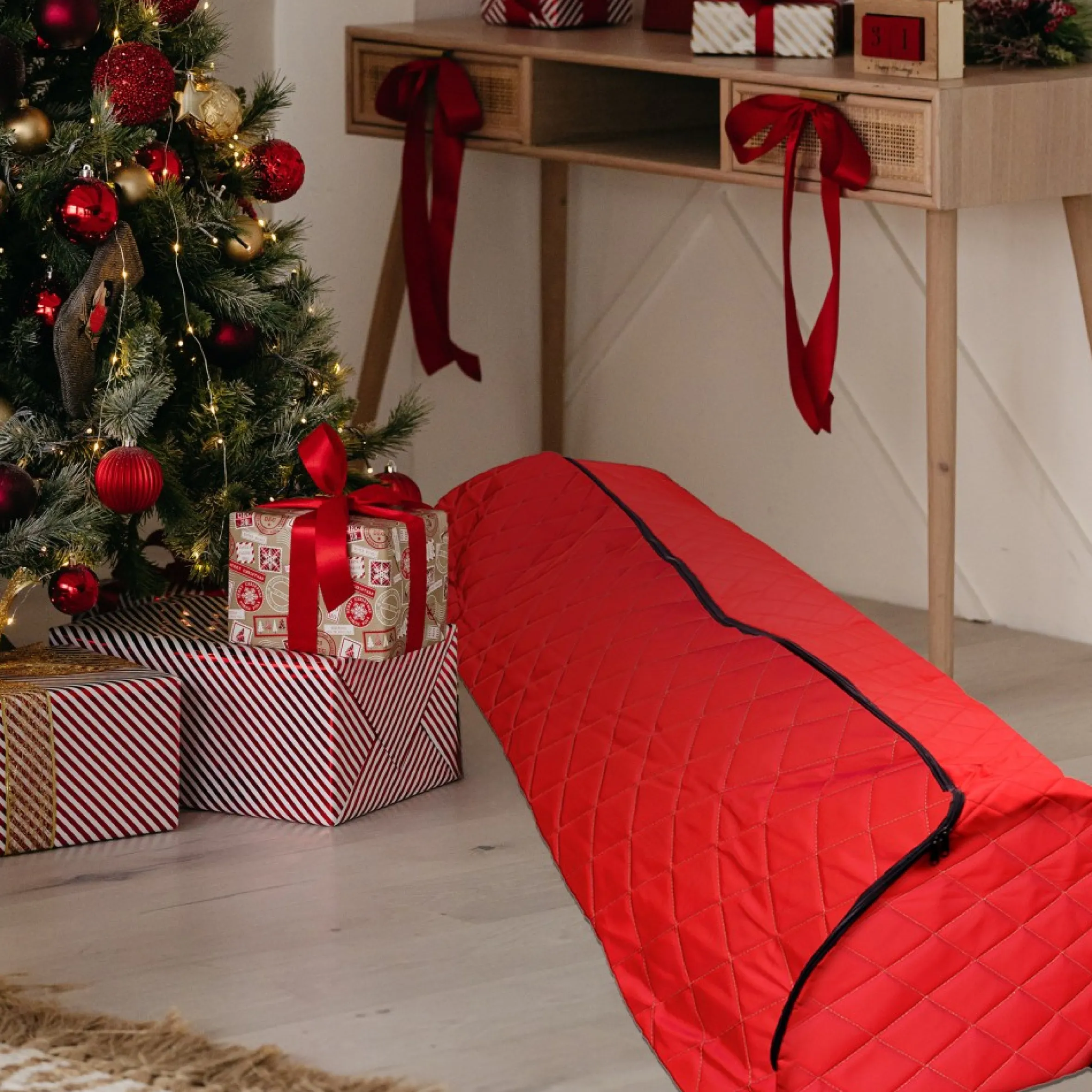 Quilted Red Rolling Christmas Tree Storage Bag For Trees Up To 7.5Ft