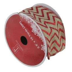 Red And Beige Chevron Wired Christmas Craft Ribbon 2.5" X 10 Yards