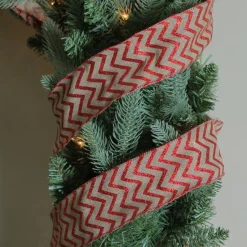 Red And Beige Chevron Wired Christmas Craft Ribbon 2.5