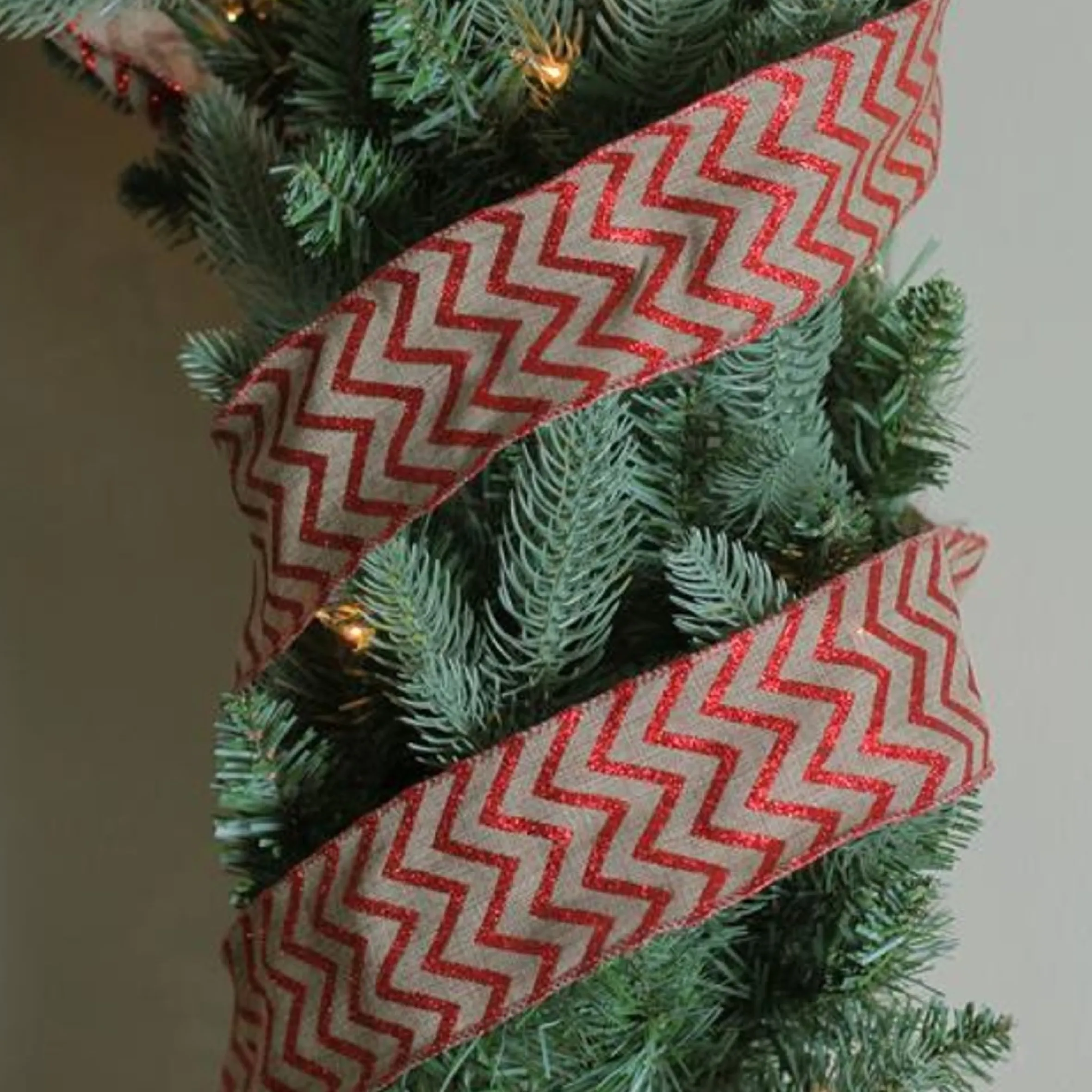 Red And Beige Chevron Wired Christmas Craft Ribbon 2.5" X 10 Yards