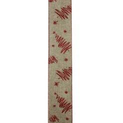 Red And Beige Christmas Tree Wired Craft Ribbon 2.5" X 10 Yards