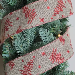 Red And Beige Christmas Tree Wired Craft Ribbon 2.5