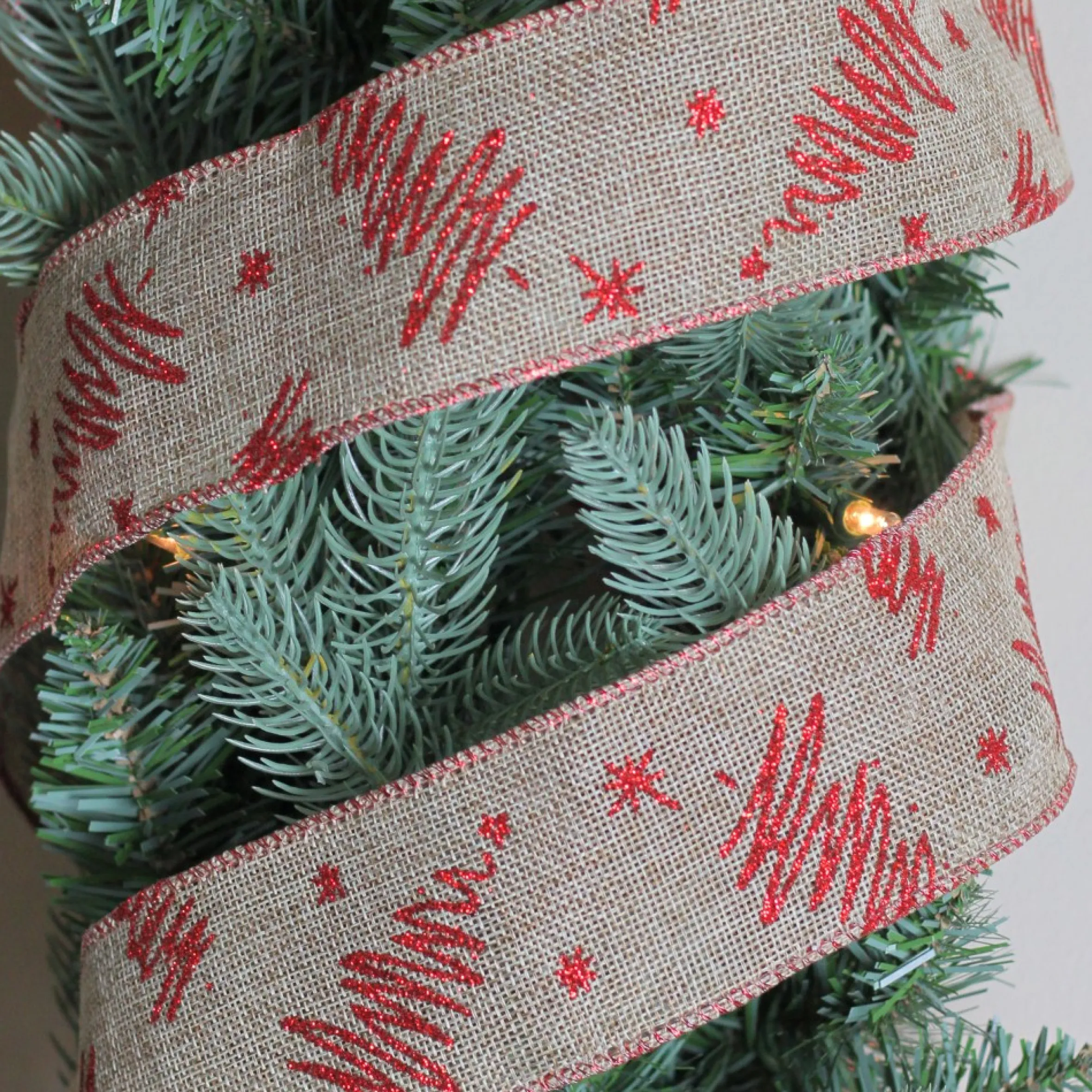 Red And Beige Christmas Tree Wired Craft Ribbon 2.5" X 10 Yards