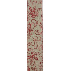 Red And Beige Christmas Wired Craft Ribbon 2.5" X 10 Yards