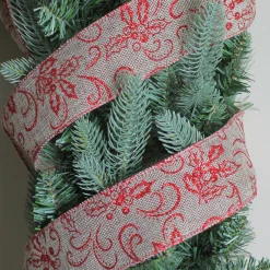 Red And Beige Christmas Wired Craft Ribbon 2.5