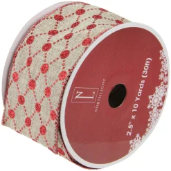 Red And Beige Diamond Wired Christmas Craft Ribbon 2.5" X 10 Yards