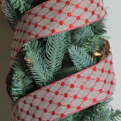 Red And Beige Diamond Wired Christmas Craft Ribbon 2.5