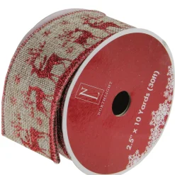 Red And Beige Reindeer Burlap Wired Christmas Craft Ribbon 2.5" X 10 Yards