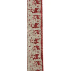 Red And Beige Reindeer Burlap Wired Christmas Craft Ribbon 2.5" X 10 Yards