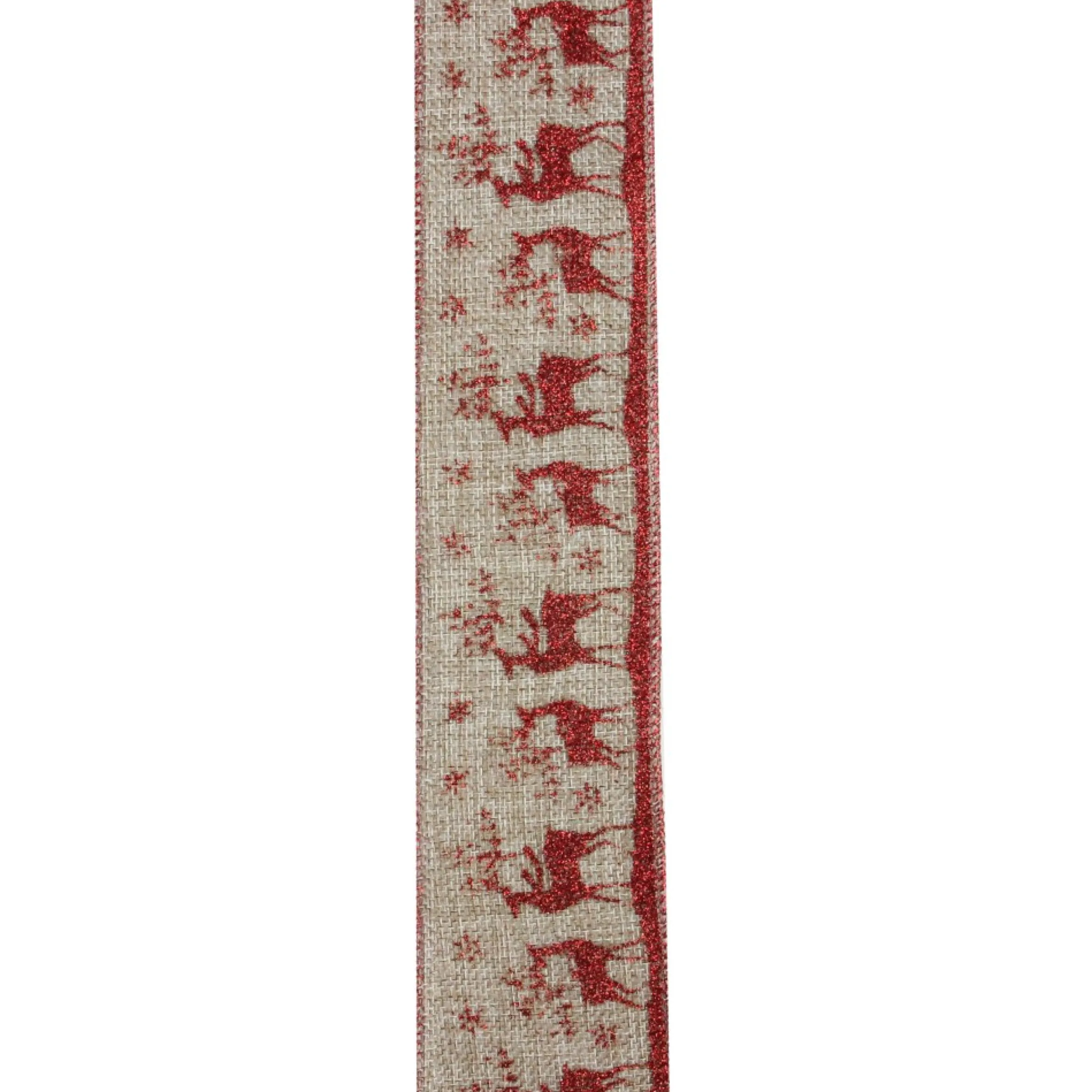 Red And Beige Reindeer Burlap Wired Christmas Craft Ribbon 2.5" X 10 Yards