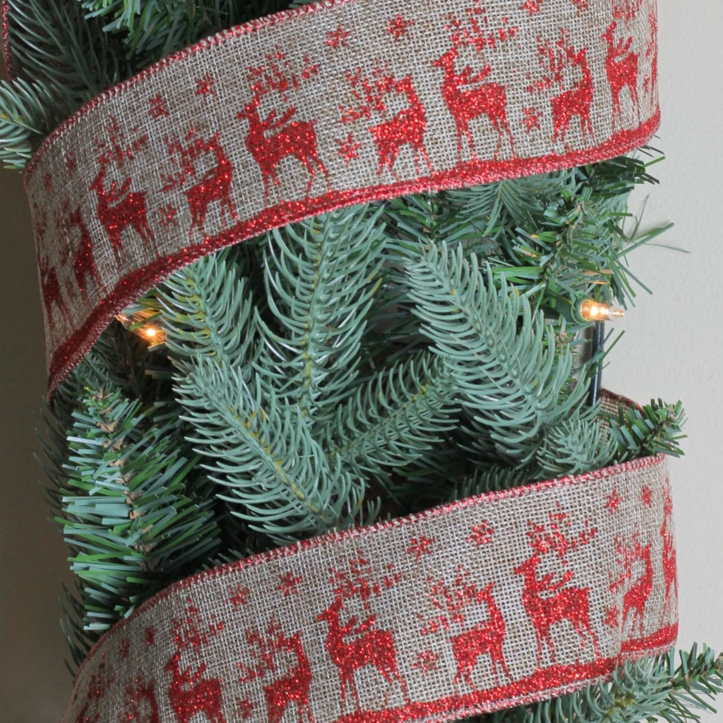 Red And Beige Reindeer Burlap Wired Christmas Craft Ribbon 2.5" X 10 Yards