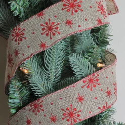 Red And Beige Snowflake Wired Christmas Craft Ribbon 2.5