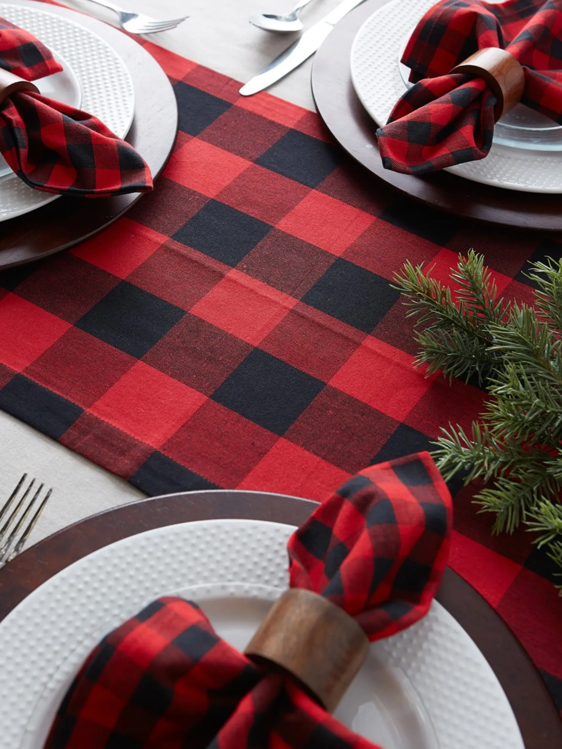 108" Red And Black Buffalo Plaid Christmas Rectangular Table Runner