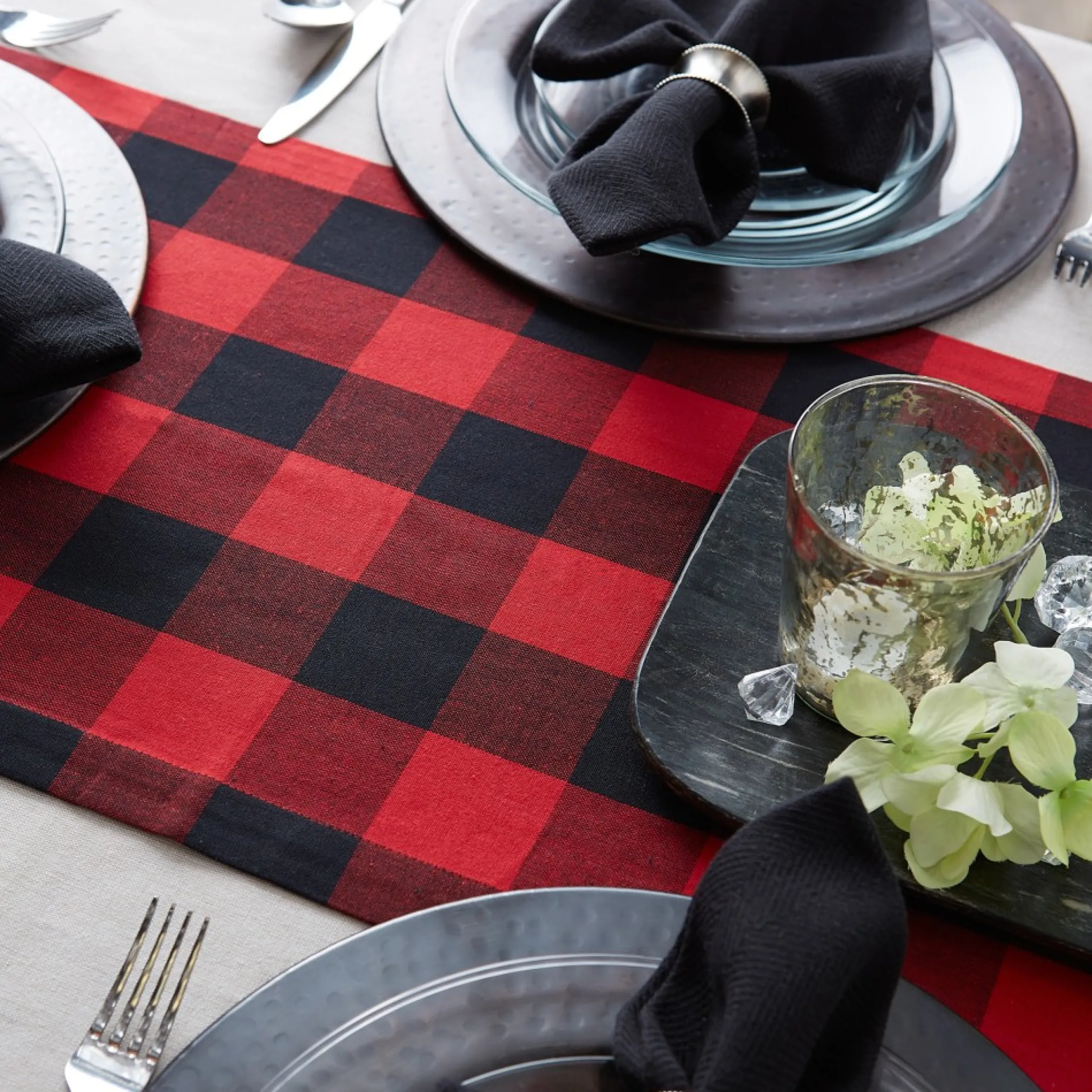 108" Red And Black Buffalo Plaid Christmas Rectangular Table Runner