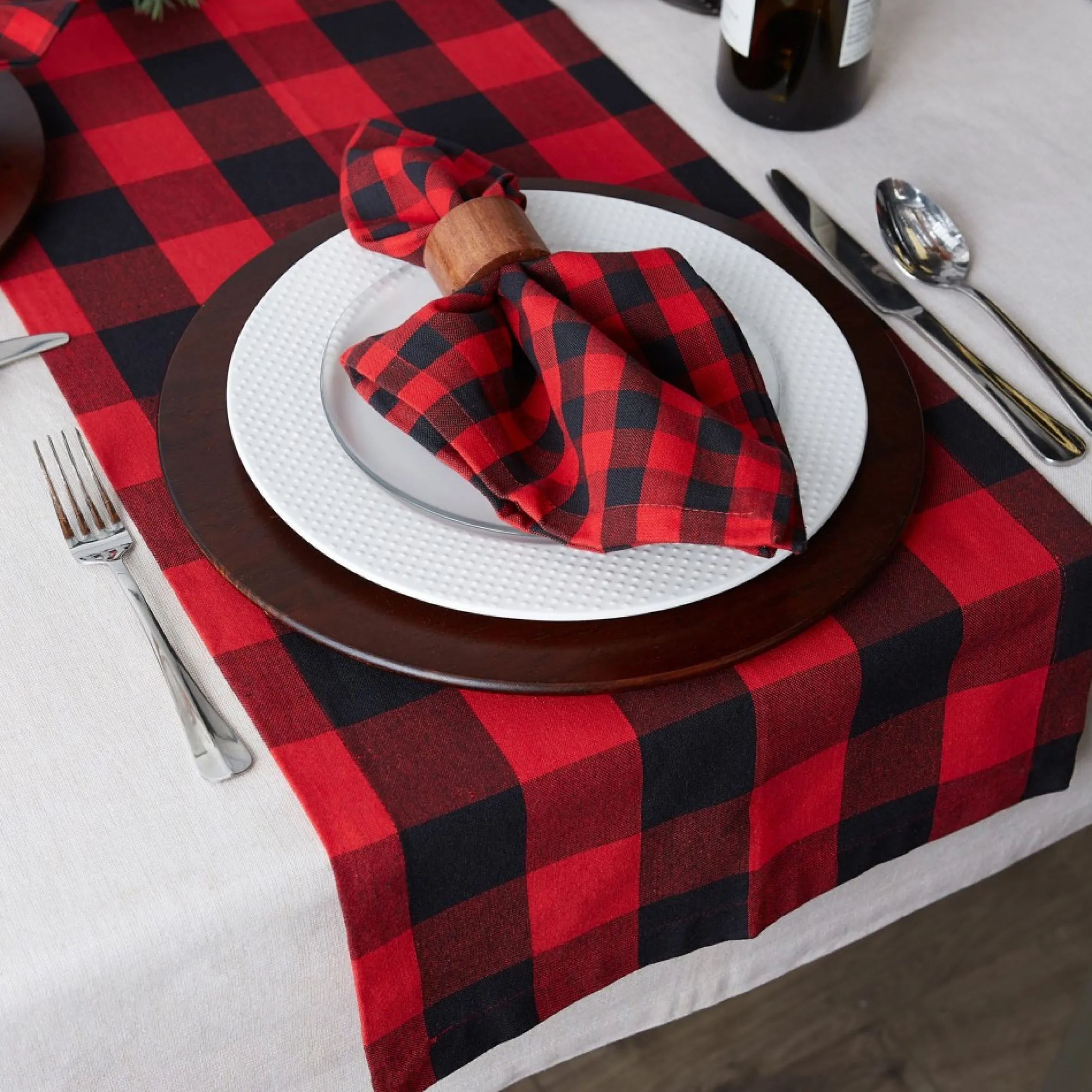 108" Red And Black Buffalo Plaid Christmas Rectangular Table Runner
