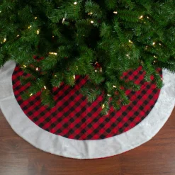 48" Red And Black Buffalo Plaid Christmas Tree Skirt With Faux Fur Trim
