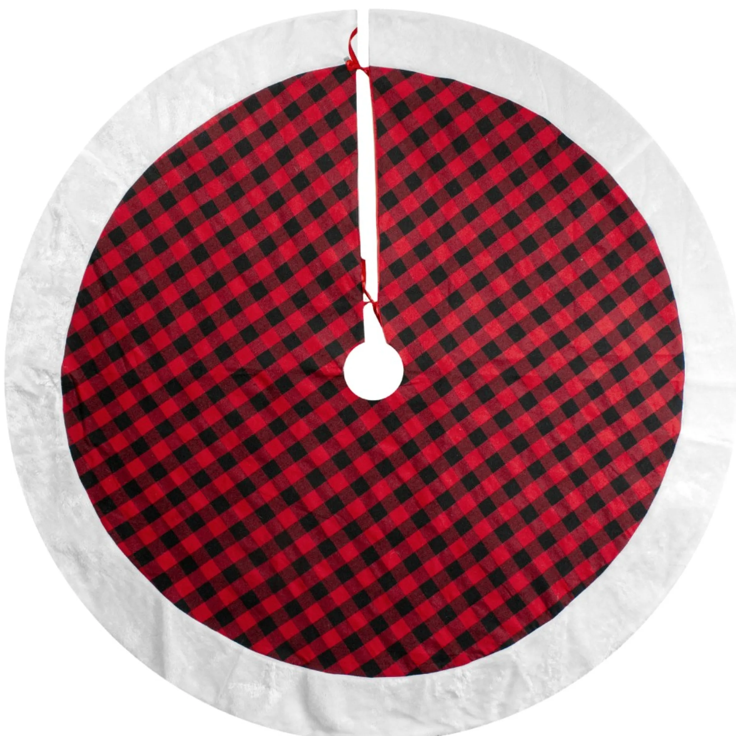 48" Red And Black Buffalo Plaid Christmas Tree Skirt With Faux Fur Trim