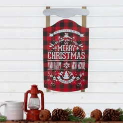 24" Red And Black Buffalo Plaid Merry Christmas Sled Wooden Hanging Wall Sign