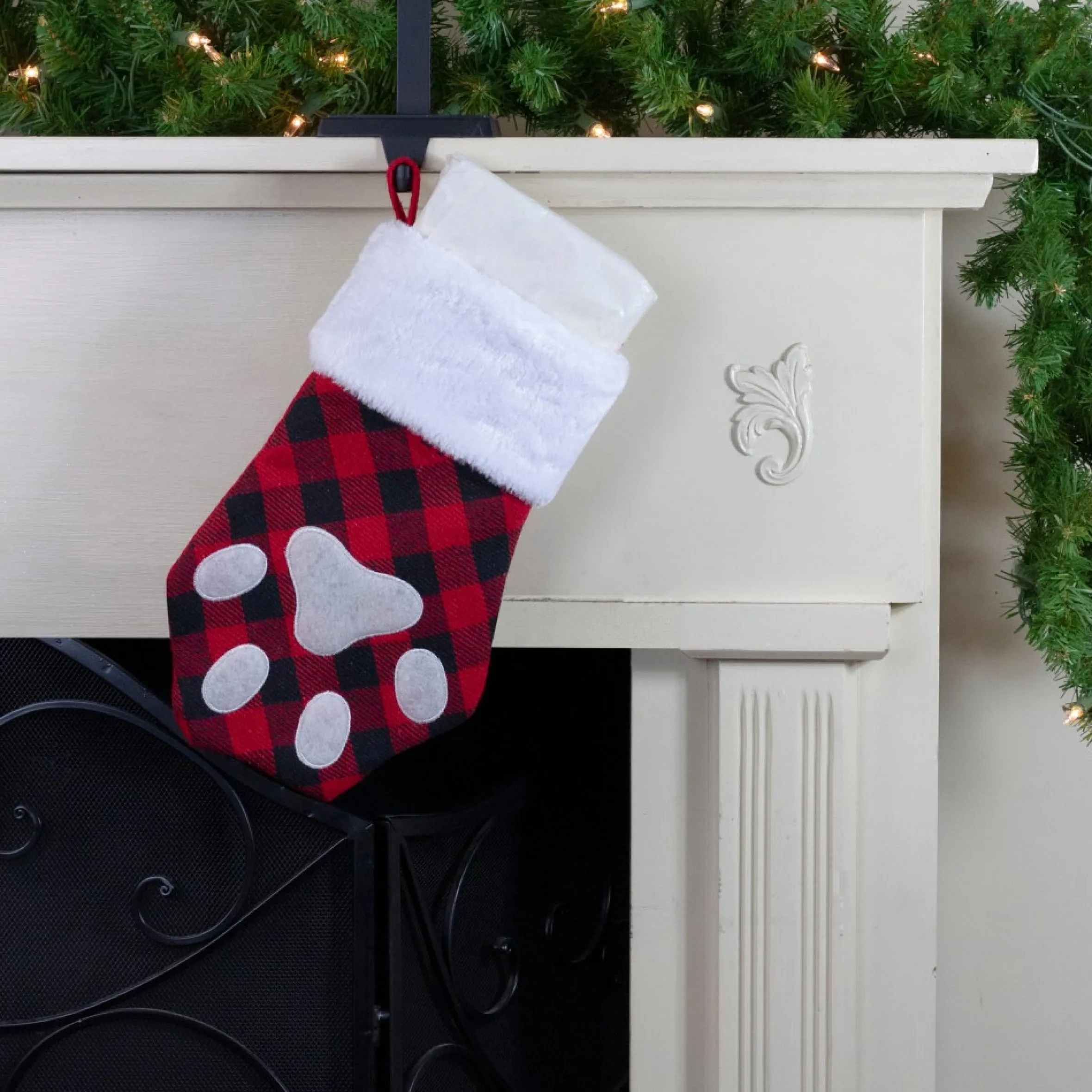 15.5" Red And Black Buffalo Plaid Pet Embroidered Christmas Stocking