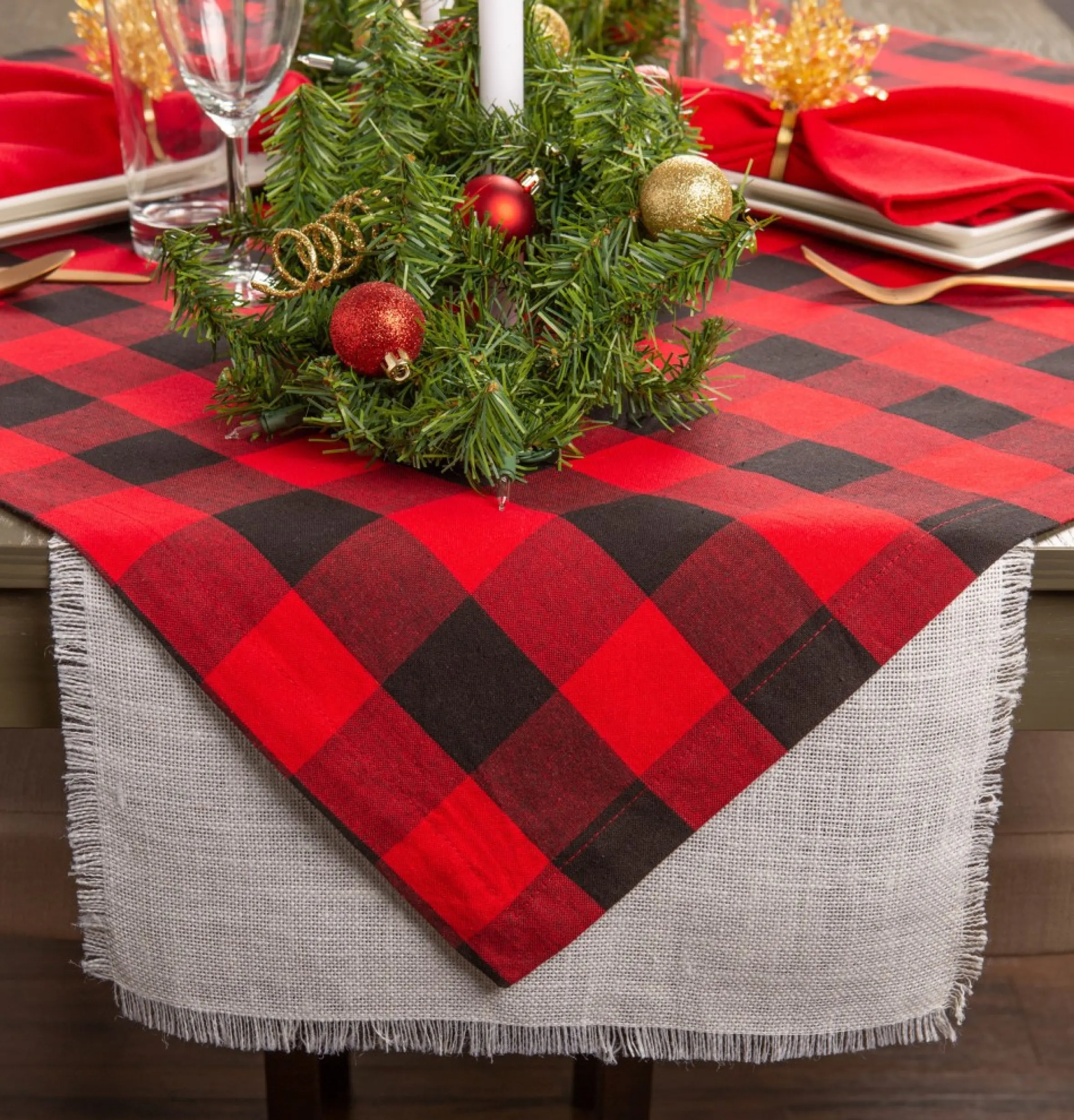 Red And Black Buffalo Plaid Rectangular Christmas Tablecloth 60" X 104"