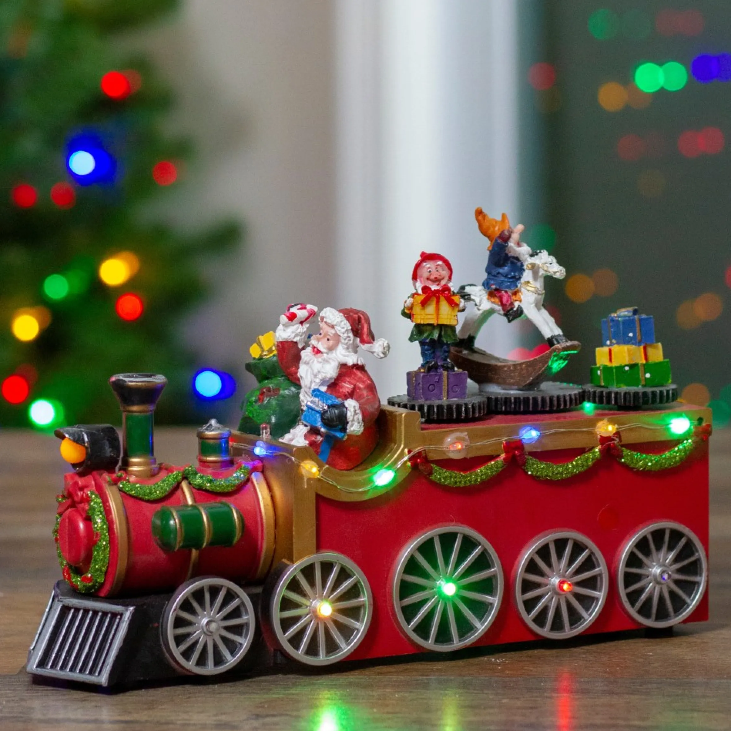 10.25" Red And Black Led Lighted Musical Christmas Train With Santa