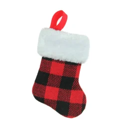 7" Red And Black Plaid Print Christmas Stocking With Faux Fur Cuff