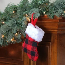 7" Red And Black Plaid Print Christmas Stocking With Faux Fur Cuff