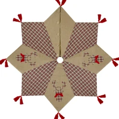 48" Red And Brown Burlap And Plaid Reindeer Christmas Tree Skirt With Tassels