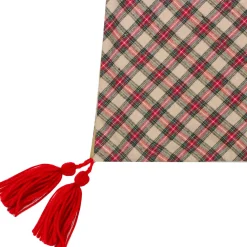 48" Red And Brown Burlap And Plaid Reindeer Christmas Tree Skirt With Tassels